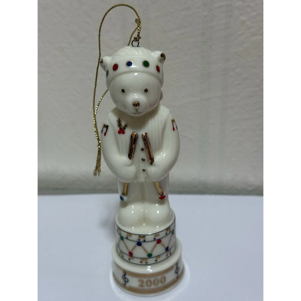Vintage 2000 Musical Teddy Bear Ornament Plays Jingle Bells White Gold Drum Box